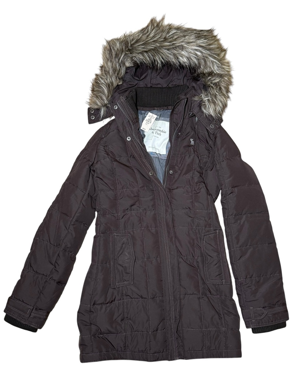 Abercrombie & Fitch Vintage Y2K Dark Brown Hooded Puffer Coat Faux Fur Hood